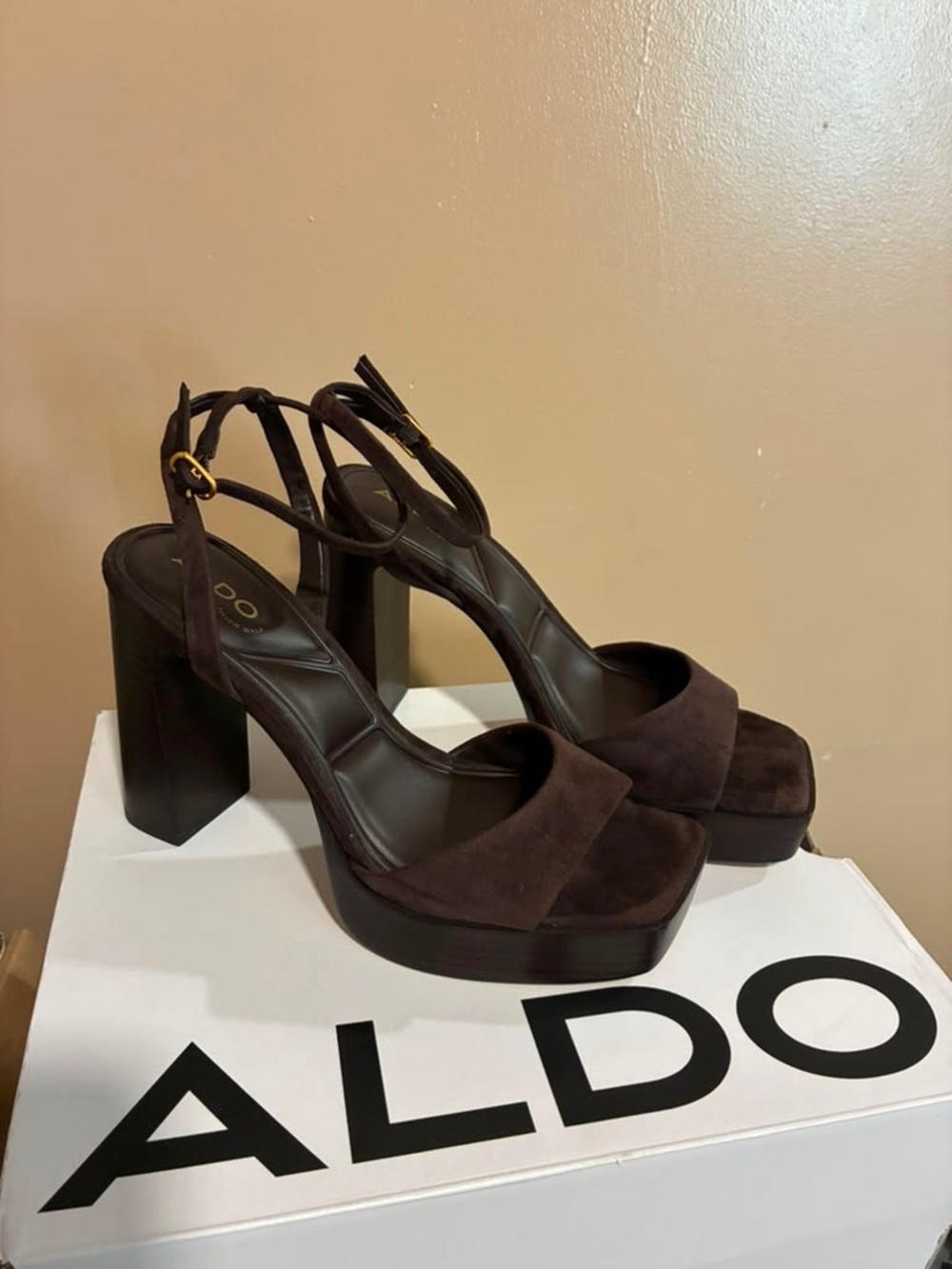 ALDO Dark Brown Suede Platform Block Heel Sandals